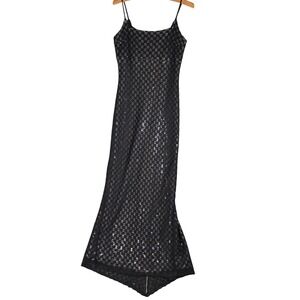 Vintage Jessica McClintock Spaghetti Strap Maxi Dress Size 6 Black Sequins Lace